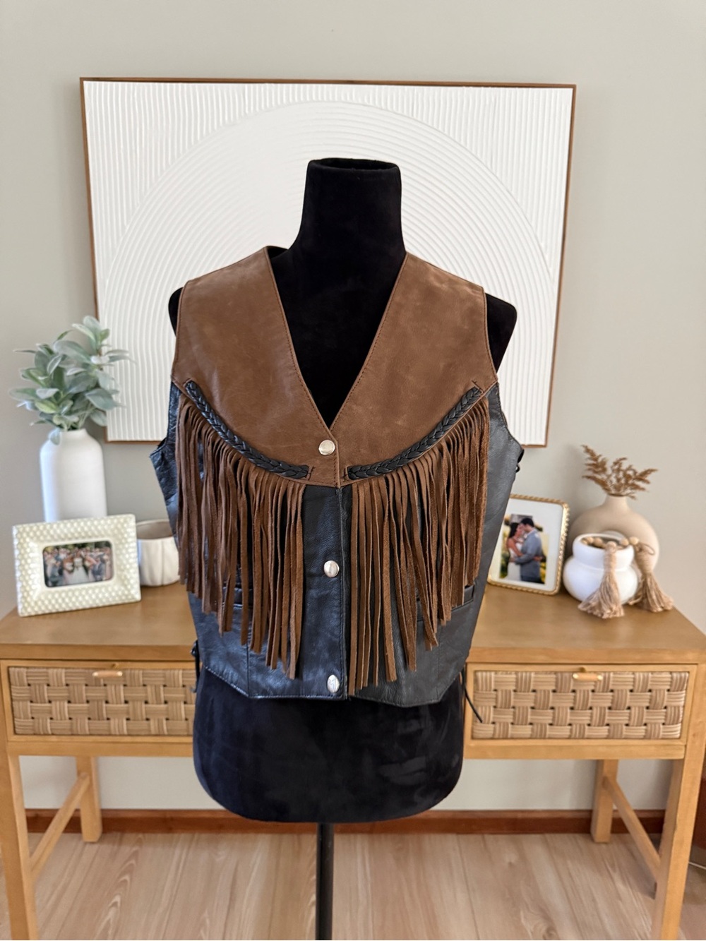 Women's Brown Suede Fringe & Black Leather Vest - Western-Inspired Size XL